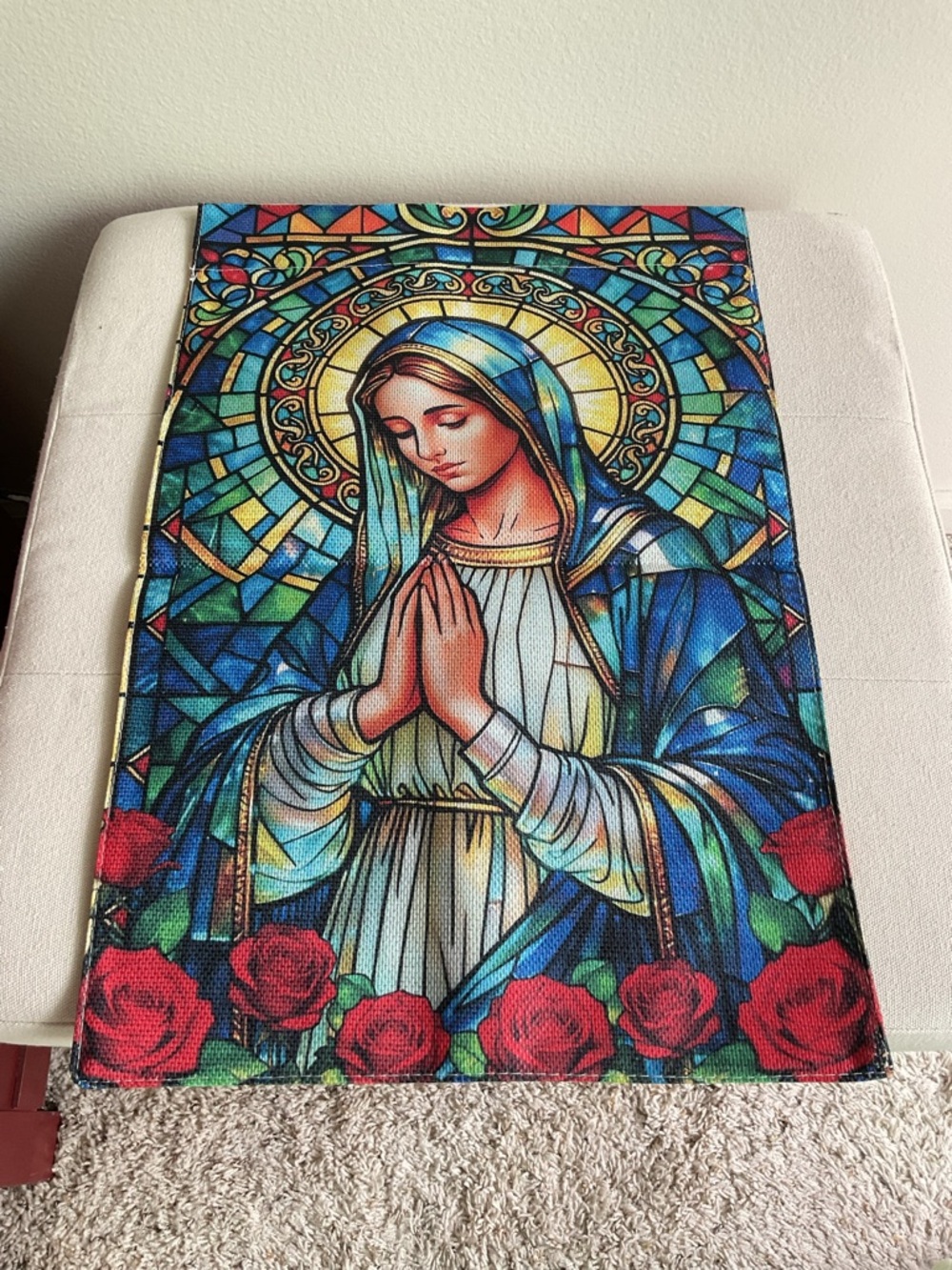 Blue & Red Madonna Stained-Glass Style Garden Flag